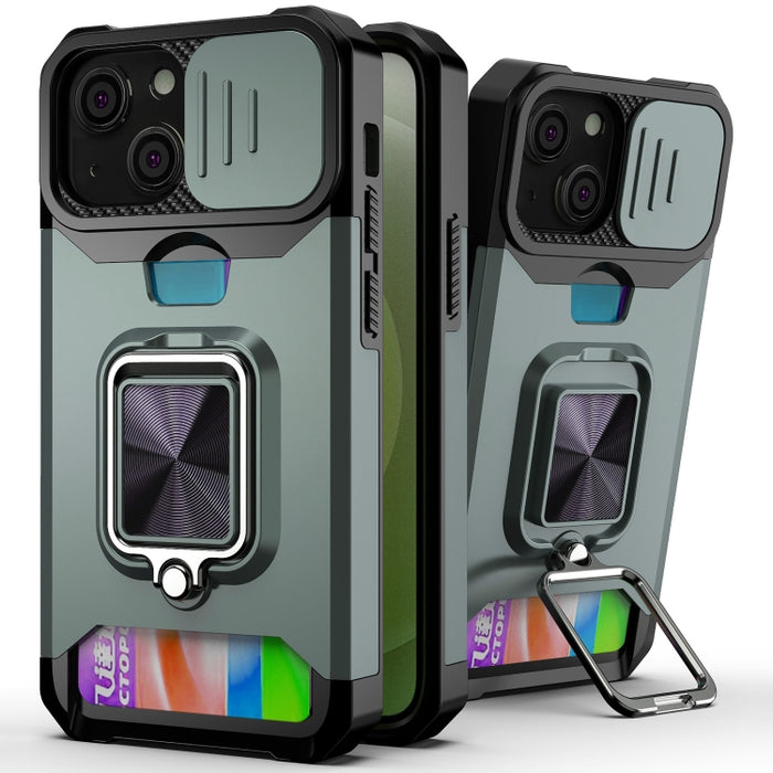 Diseño de cubierta de cámara deslizante PC + TPU Estuche a prueba de golpes con soporte para anillo y ranura para tarjeta, For iPhone 13 mini, For iPhone 13, For iPhone 13 Pro, For iPhone XS / X, For iPhone XR, For iPhone 11 Pro, For iPhone 11 Pro Max ...