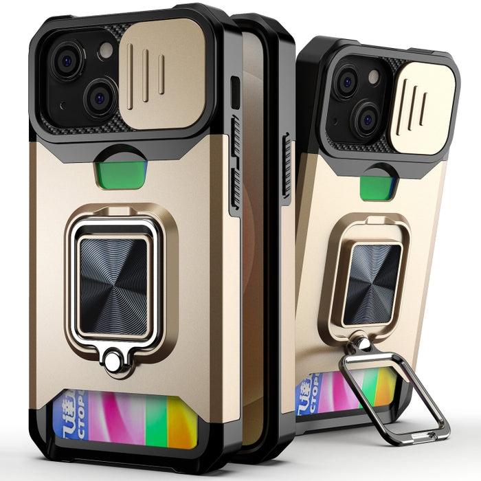 Diseño de cubierta de cámara deslizante PC + TPU Estuche a prueba de golpes con soporte para anillo y ranura para tarjeta, For iPhone 13 mini, For iPhone 13, For iPhone 13 Pro, For iPhone XS / X, For iPhone XR, For iPhone 11 Pro, For iPhone 11 Pro Max ...