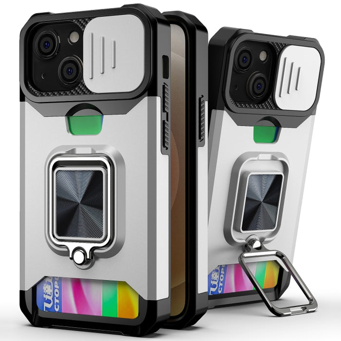 Diseño de cubierta de cámara deslizante PC + TPU Estuche a prueba de golpes con soporte para anillo y ranura para tarjeta, For iPhone 13 mini, For iPhone 13, For iPhone 13 Pro, For iPhone XS / X, For iPhone XR, For iPhone 11 Pro, For iPhone 11 Pro Max ...