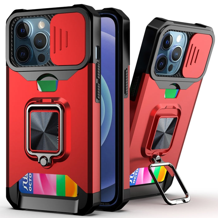 Diseño de cubierta de cámara deslizante PC + TPU Estuche a prueba de golpes con soporte para anillo y ranura para tarjeta, For iPhone 13 mini, For iPhone 13, For iPhone 13 Pro, For iPhone XS / X, For iPhone XR, For iPhone 11 Pro, For iPhone 11 Pro Max ...