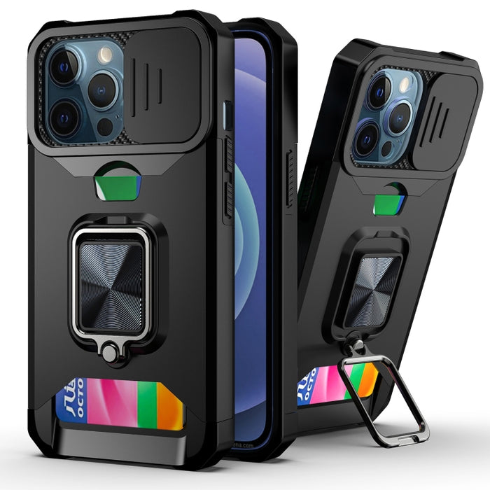Diseño de cubierta de cámara deslizante PC + TPU Estuche a prueba de golpes con soporte para anillo y ranura para tarjeta, For iPhone 13 mini, For iPhone 13, For iPhone 13 Pro, For iPhone XS / X, For iPhone XR, For iPhone 11 Pro, For iPhone 11 Pro Max ...