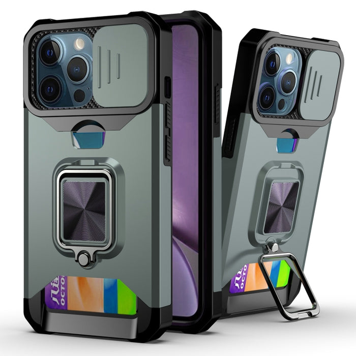 Diseño de cubierta de cámara deslizante PC + TPU Estuche a prueba de golpes con soporte para anillo y ranura para tarjeta, For iPhone 13 mini, For iPhone 13, For iPhone 13 Pro, For iPhone XS / X, For iPhone XR, For iPhone 11 Pro, For iPhone 11 Pro Max ...