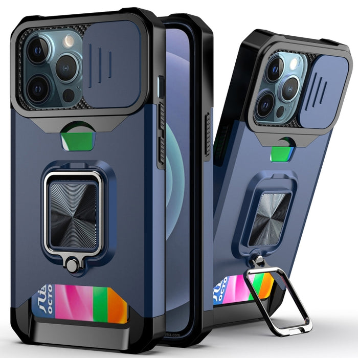 Diseño de cubierta de cámara deslizante PC + TPU Estuche a prueba de golpes con soporte para anillo y ranura para tarjeta, For iPhone 13 mini, For iPhone 13, For iPhone 13 Pro, For iPhone XS / X, For iPhone XR, For iPhone 11 Pro, For iPhone 11 Pro Max ...