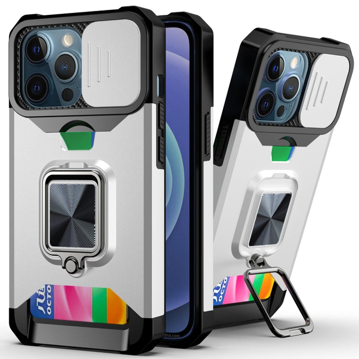 Diseño de cubierta de cámara deslizante PC + TPU Estuche a prueba de golpes con soporte para anillo y ranura para tarjeta, For iPhone 13 mini, For iPhone 13, For iPhone 13 Pro, For iPhone XS / X, For iPhone XR, For iPhone 11 Pro, For iPhone 11 Pro Max ...
