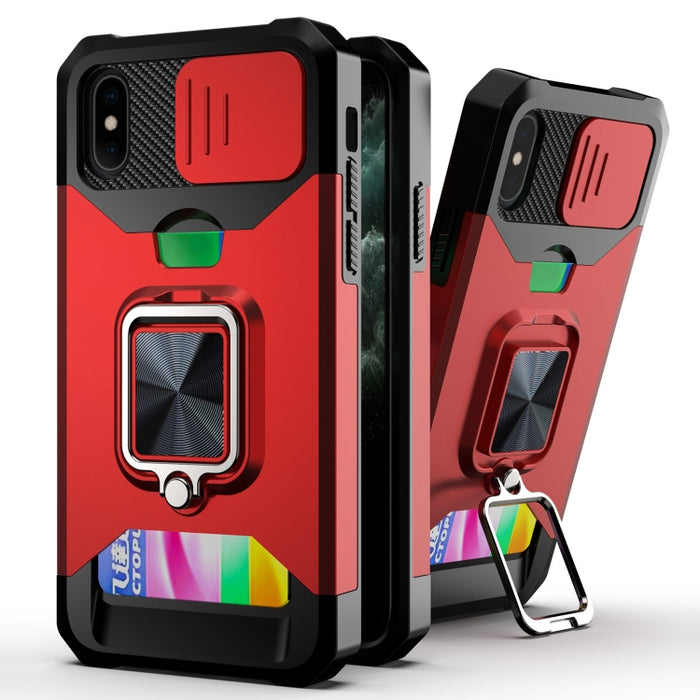 Diseño de cubierta de cámara deslizante PC + TPU Estuche a prueba de golpes con soporte para anillo y ranura para tarjeta, For iPhone 13 mini, For iPhone 13, For iPhone 13 Pro, For iPhone XS / X, For iPhone XR, For iPhone 11 Pro, For iPhone 11 Pro Max ...