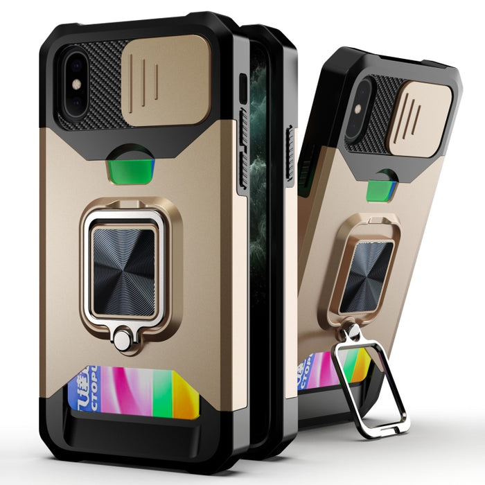 Diseño de cubierta de cámara deslizante PC + TPU Estuche a prueba de golpes con soporte para anillo y ranura para tarjeta, For iPhone 13 mini, For iPhone 13, For iPhone 13 Pro, For iPhone XS / X, For iPhone XR, For iPhone 11 Pro, For iPhone 11 Pro Max ...