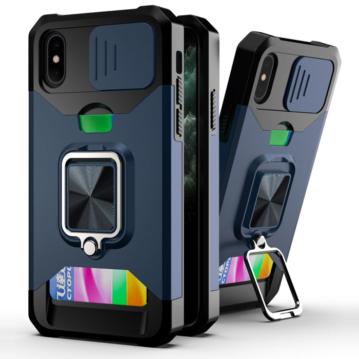 Diseño de cubierta de cámara deslizante PC + TPU Estuche a prueba de golpes con soporte para anillo y ranura para tarjeta, For iPhone 13 mini, For iPhone 13, For iPhone 13 Pro, For iPhone XS / X, For iPhone XR, For iPhone 11 Pro, For iPhone 11 Pro Max ...