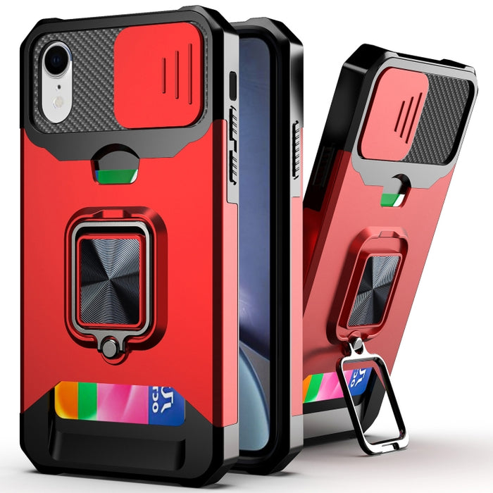 Diseño de cubierta de cámara deslizante PC + TPU Estuche a prueba de golpes con soporte para anillo y ranura para tarjeta, For iPhone 13 mini, For iPhone 13, For iPhone 13 Pro, For iPhone XS / X, For iPhone XR, For iPhone 11 Pro, For iPhone 11 Pro Max ...