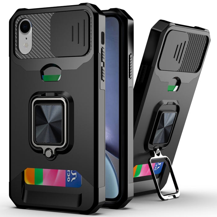 Diseño de cubierta de cámara deslizante PC + TPU Estuche a prueba de golpes con soporte para anillo y ranura para tarjeta, For iPhone 13 mini, For iPhone 13, For iPhone 13 Pro, For iPhone XS / X, For iPhone XR, For iPhone 11 Pro, For iPhone 11 Pro Max ...