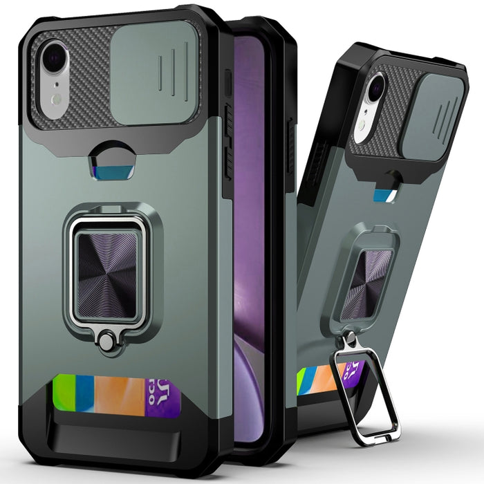 Diseño de cubierta de cámara deslizante PC + TPU Estuche a prueba de golpes con soporte para anillo y ranura para tarjeta, For iPhone 13 mini, For iPhone 13, For iPhone 13 Pro, For iPhone XS / X, For iPhone XR, For iPhone 11 Pro, For iPhone 11 Pro Max ...
