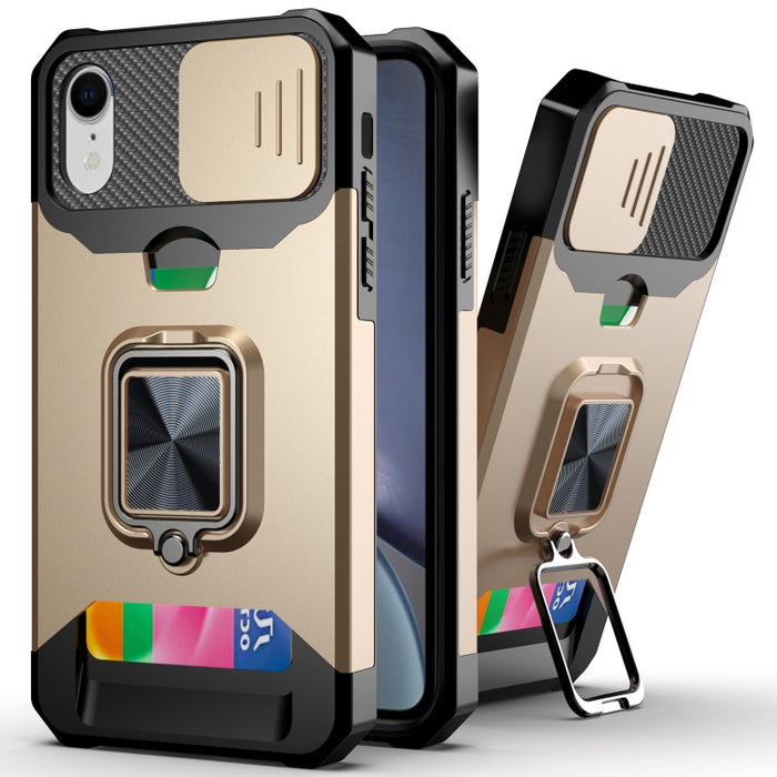 Diseño de cubierta de cámara deslizante PC + TPU Estuche a prueba de golpes con soporte para anillo y ranura para tarjeta, For iPhone 13 mini, For iPhone 13, For iPhone 13 Pro, For iPhone XS / X, For iPhone XR, For iPhone 11 Pro, For iPhone 11 Pro Max ...