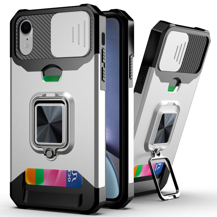 Diseño de cubierta de cámara deslizante PC + TPU Estuche a prueba de golpes con soporte para anillo y ranura para tarjeta, For iPhone 13 mini, For iPhone 13, For iPhone 13 Pro, For iPhone XS / X, For iPhone XR, For iPhone 11 Pro, For iPhone 11 Pro Max ...