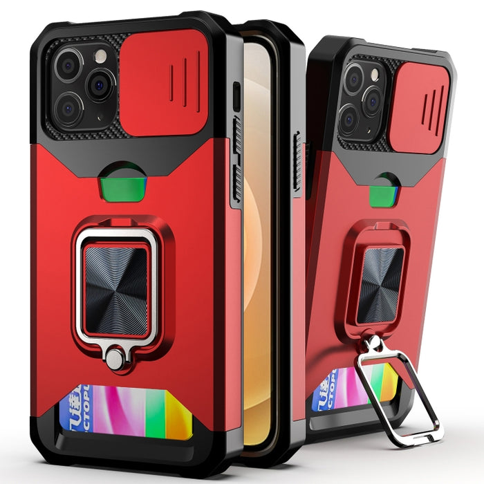 Diseño de cubierta de cámara deslizante PC + TPU Estuche a prueba de golpes con soporte para anillo y ranura para tarjeta, For iPhone 13 mini, For iPhone 13, For iPhone 13 Pro, For iPhone XS / X, For iPhone XR, For iPhone 11 Pro, For iPhone 11 Pro Max ...