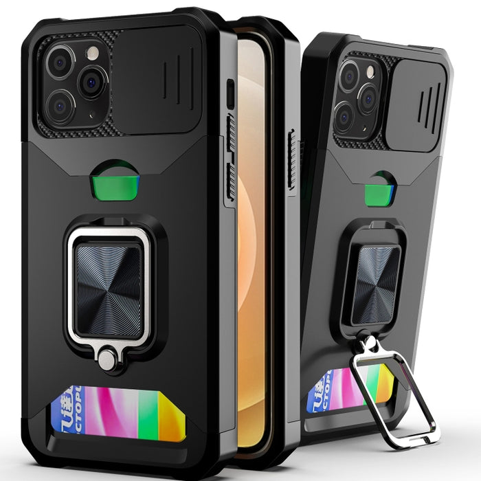 Diseño de cubierta de cámara deslizante PC + TPU Estuche a prueba de golpes con soporte para anillo y ranura para tarjeta, For iPhone 13 mini, For iPhone 13, For iPhone 13 Pro, For iPhone XS / X, For iPhone XR, For iPhone 11 Pro, For iPhone 11 Pro Max ...