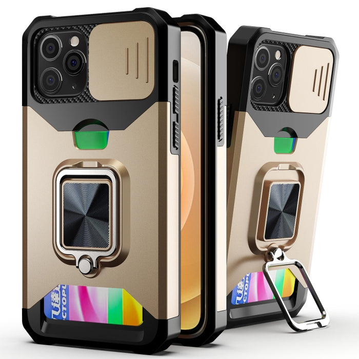 Diseño de cubierta de cámara deslizante PC + TPU Estuche a prueba de golpes con soporte para anillo y ranura para tarjeta, For iPhone 13 mini, For iPhone 13, For iPhone 13 Pro, For iPhone XS / X, For iPhone XR, For iPhone 11 Pro, For iPhone 11 Pro Max ...