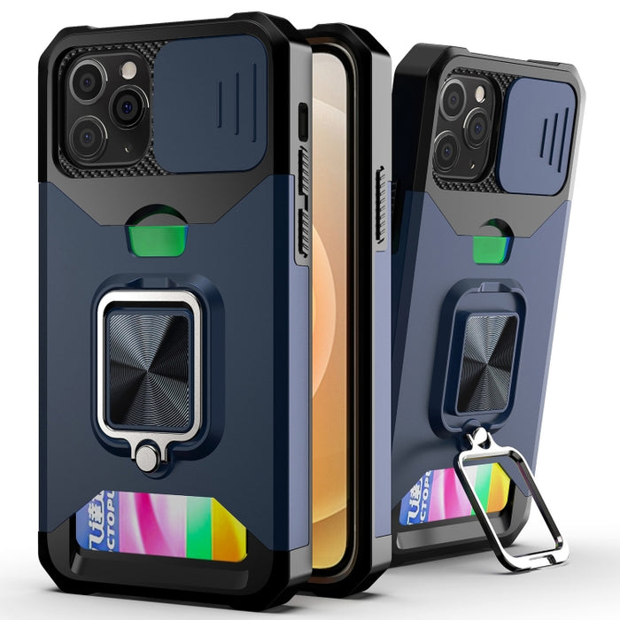 Diseño de cubierta de cámara deslizante PC + TPU Estuche a prueba de golpes con soporte para anillo y ranura para tarjeta, For iPhone 13 mini, For iPhone 13, For iPhone 13 Pro, For iPhone XS / X, For iPhone XR, For iPhone 11 Pro, For iPhone 11 Pro Max ...