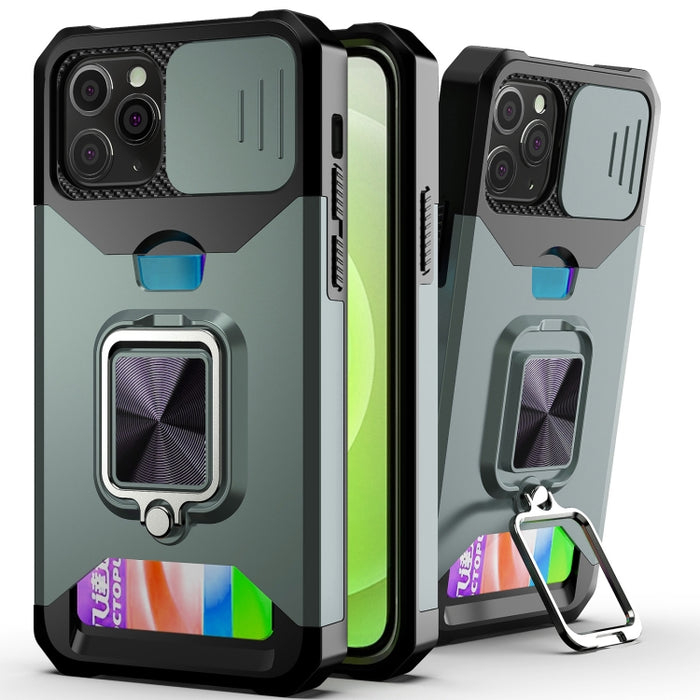 Diseño de cubierta de cámara deslizante PC + TPU Estuche a prueba de golpes con soporte para anillo y ranura para tarjeta, For iPhone 13 mini, For iPhone 13, For iPhone 13 Pro, For iPhone XS / X, For iPhone XR, For iPhone 11 Pro, For iPhone 11 Pro Max ...