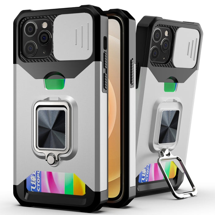 Diseño de cubierta de cámara deslizante PC + TPU Estuche a prueba de golpes con soporte para anillo y ranura para tarjeta, For iPhone 13 mini, For iPhone 13, For iPhone 13 Pro, For iPhone XS / X, For iPhone XR, For iPhone 11 Pro, For iPhone 11 Pro Max ...