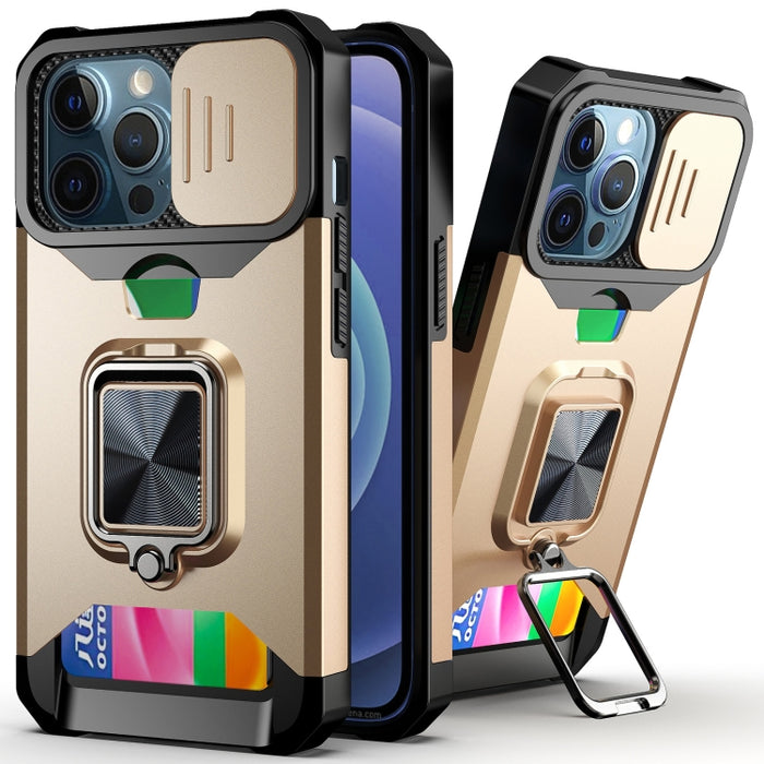 Diseño de cubierta de cámara deslizante PC + TPU Estuche a prueba de golpes con soporte para anillo y ranura para tarjeta, For iPhone 13 mini, For iPhone 13, For iPhone 13 Pro, For iPhone XS / X, For iPhone XR, For iPhone 11 Pro, For iPhone 11 Pro Max ...