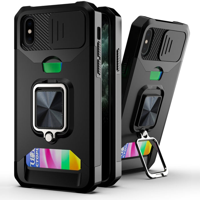 Diseño de cubierta de cámara deslizante PC + TPU Estuche a prueba de golpes con soporte para anillo y ranura para tarjeta, For iPhone 13 mini, For iPhone 13, For iPhone 13 Pro, For iPhone XS / X, For iPhone XR, For iPhone 11 Pro, For iPhone 11 Pro Max ...