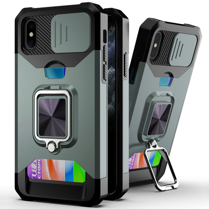 Diseño de cubierta de cámara deslizante PC + TPU Estuche a prueba de golpes con soporte para anillo y ranura para tarjeta, For iPhone 13 mini, For iPhone 13, For iPhone 13 Pro, For iPhone XS / X, For iPhone XR, For iPhone 11 Pro, For iPhone 11 Pro Max ...