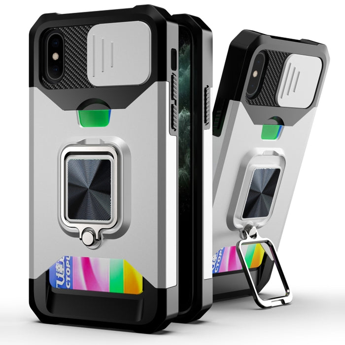 Diseño de cubierta de cámara deslizante PC + TPU Estuche a prueba de golpes con soporte para anillo y ranura para tarjeta, For iPhone 13 mini, For iPhone 13, For iPhone 13 Pro, For iPhone XS / X, For iPhone XR, For iPhone 11 Pro, For iPhone 11 Pro Max ...