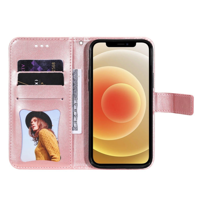 Estuche de cuero de PU con tapa horizontal con estampado de flores de 7 pétalos con soporte y ranuras para tarjetas y billetera y marco de fotos