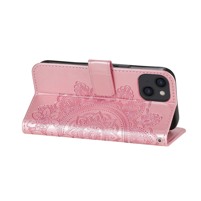 Estuche de cuero de PU con tapa horizontal con estampado de flores de 7 pétalos con soporte y ranuras para tarjetas y billetera y marco de fotos