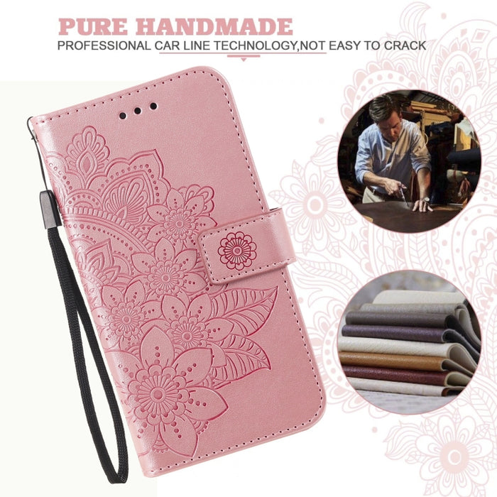 Estuche de cuero de PU con tapa horizontal con estampado de flores de 7 pétalos con soporte y ranuras para tarjetas y billetera y marco de fotos