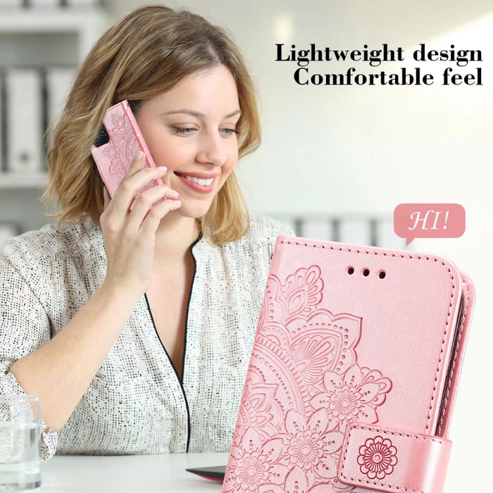 Estuche de cuero de PU con tapa horizontal con estampado de flores de 7 pétalos con soporte y ranuras para tarjetas y billetera y marco de fotos