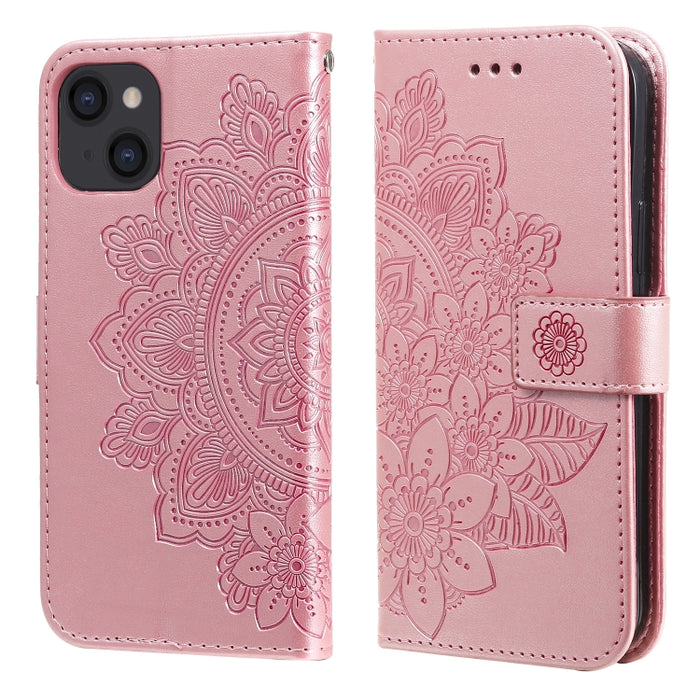 Estuche de cuero de PU con tapa horizontal con estampado de flores de 7 pétalos con soporte y ranuras para tarjetas y billetera y marco de fotos