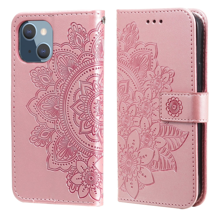 Estuche de cuero de PU con tapa horizontal con estampado de flores de 7 pétalos con soporte y ranuras para tarjetas y billetera y marco de fotos