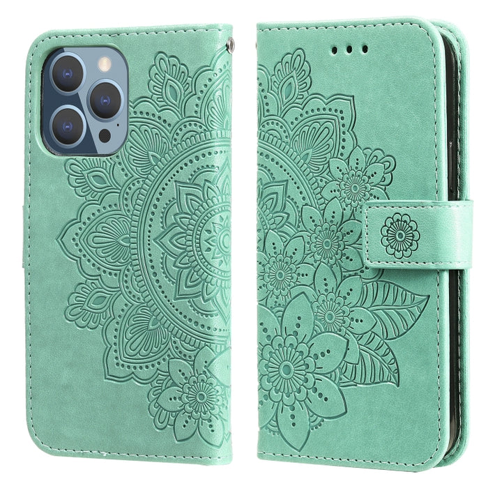 Estuche de cuero de PU con tapa horizontal con estampado de flores de 7 pétalos con soporte y ranuras para tarjetas y billetera y marco de fotos