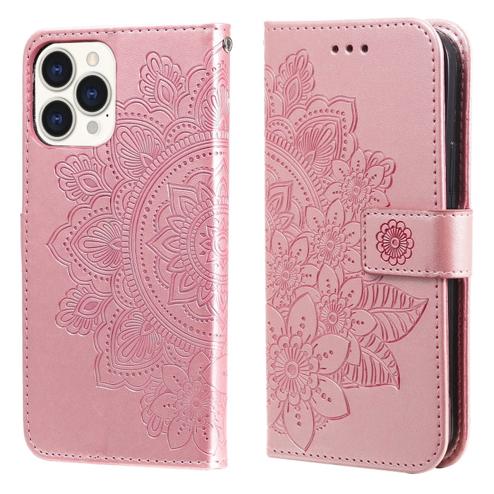 Estuche de cuero de PU con tapa horizontal con estampado de flores de 7 pétalos con soporte y ranuras para tarjetas y billetera y marco de fotos