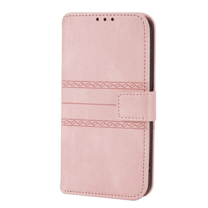 Hebilla magnética a rayas en relieve PU + TPU Funda de cuero con tapa horizontal con soporte y ranura para tarjeta y billetera y marco de fotos y honda