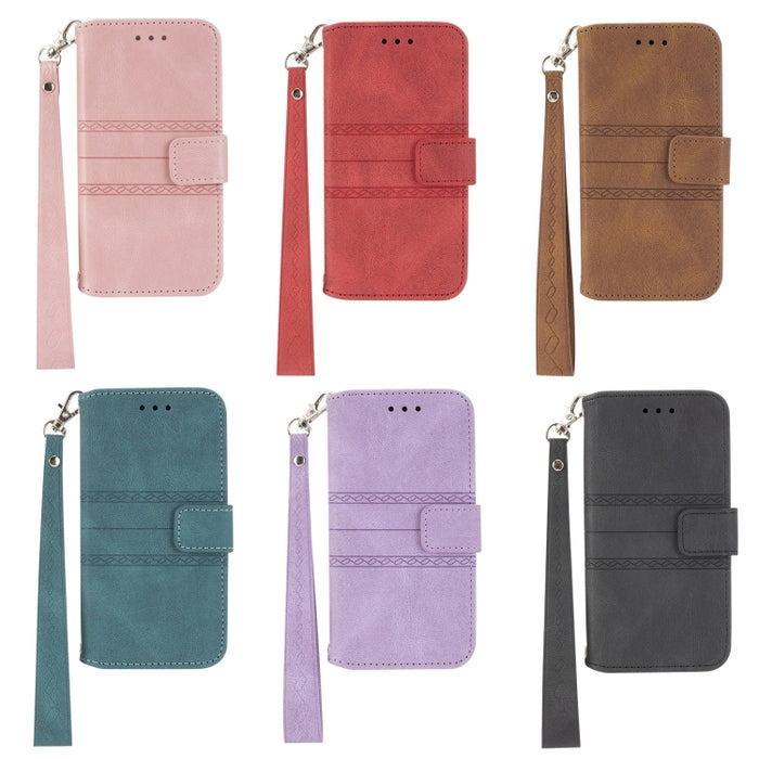 Hebilla magnética a rayas en relieve PU + TPU Funda de cuero con tapa horizontal con soporte y ranura para tarjeta y billetera y marco de fotos y honda