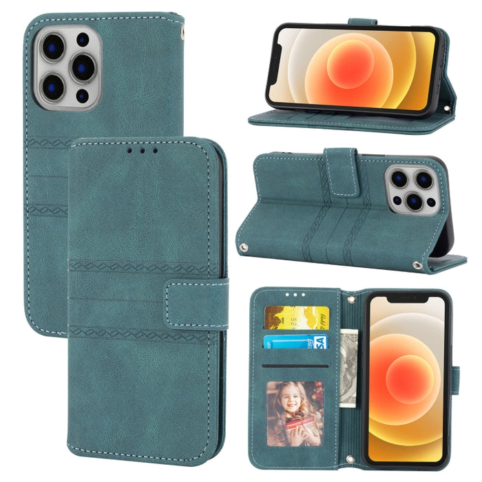 Hebilla magnética a rayas en relieve PU + TPU Funda de cuero con tapa horizontal con soporte y ranura para tarjeta y billetera y marco de fotos y honda