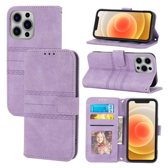 Hebilla magnética a rayas en relieve PU + TPU Funda de cuero con tapa horizontal con soporte y ranura para tarjeta y billetera y marco de fotos y honda