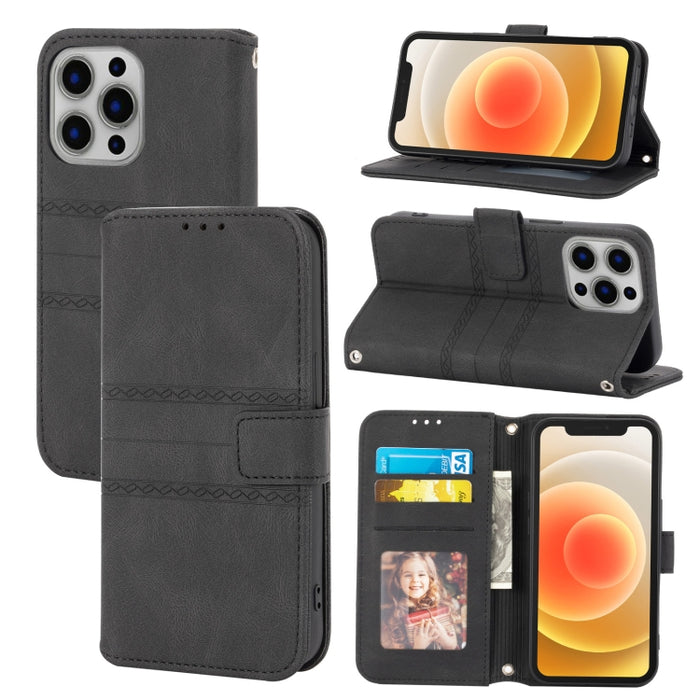 Hebilla magnética a rayas en relieve PU + TPU Funda de cuero con tapa horizontal con soporte y ranura para tarjeta y billetera y marco de fotos y honda