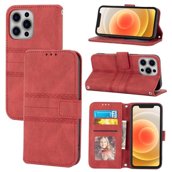 Hebilla magnética a rayas en relieve PU + TPU Funda de cuero con tapa horizontal con soporte y ranura para tarjeta y billetera y marco de fotos y honda