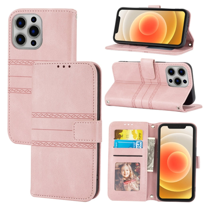 Hebilla magnética a rayas en relieve PU + TPU Funda de cuero con tapa horizontal con soporte y ranura para tarjeta y billetera y marco de fotos y honda