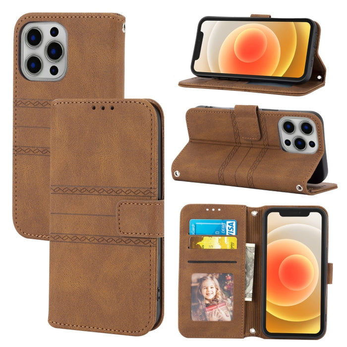 Hebilla magnética a rayas en relieve PU + TPU Funda de cuero con tapa horizontal con soporte y ranura para tarjeta y billetera y marco de fotos y honda