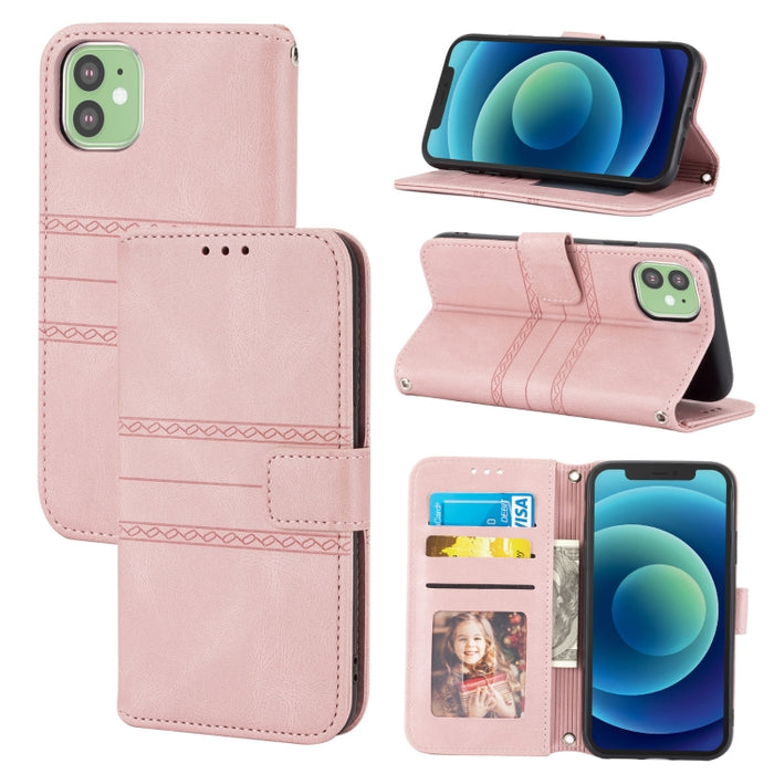 Hebilla magnética a rayas en relieve PU + TPU Funda de cuero con tapa horizontal con soporte y ranura para tarjeta y billetera y marco de fotos y honda