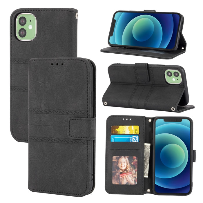 Hebilla magnética a rayas en relieve PU + TPU Funda de cuero con tapa horizontal con soporte y ranura para tarjeta y billetera y marco de fotos y honda