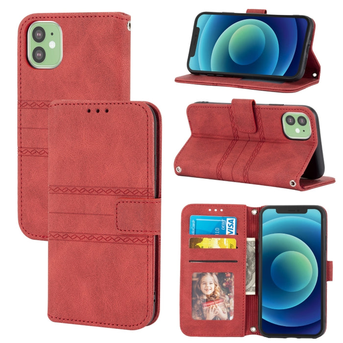 Hebilla magnética a rayas en relieve PU + TPU Funda de cuero con tapa horizontal con soporte y ranura para tarjeta y billetera y marco de fotos y honda