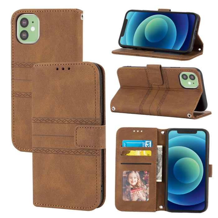 Hebilla magnética a rayas en relieve PU + TPU Funda de cuero con tapa horizontal con soporte y ranura para tarjeta y billetera y marco de fotos y honda