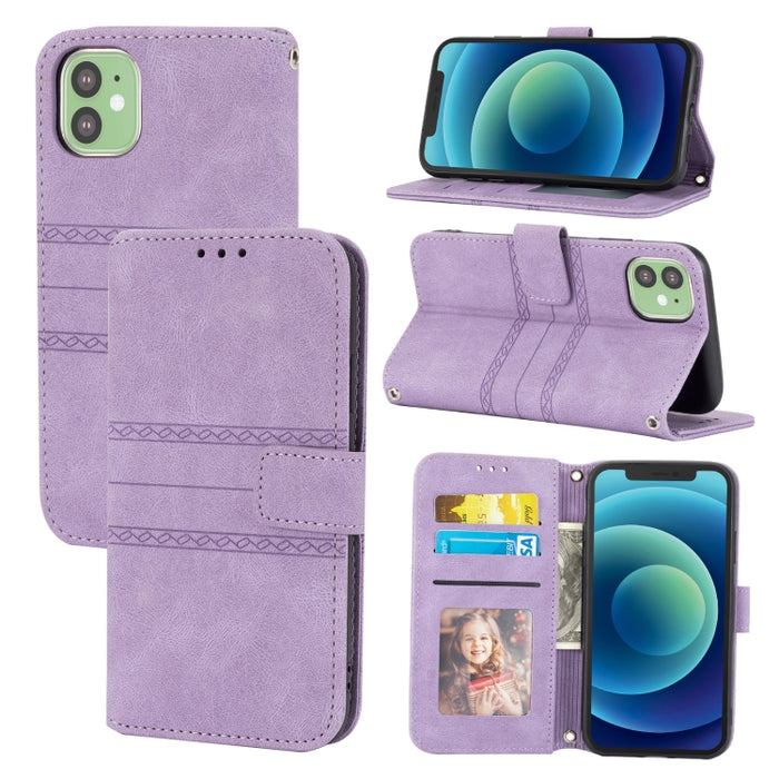 Hebilla magnética a rayas en relieve PU + TPU Funda de cuero con tapa horizontal con soporte y ranura para tarjeta y billetera y marco de fotos y honda