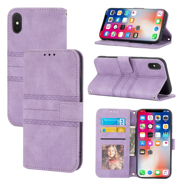 Hebilla magnética a rayas en relieve PU + TPU Funda de cuero con tapa horizontal con soporte y ranura para tarjeta y billetera y marco de fotos y honda