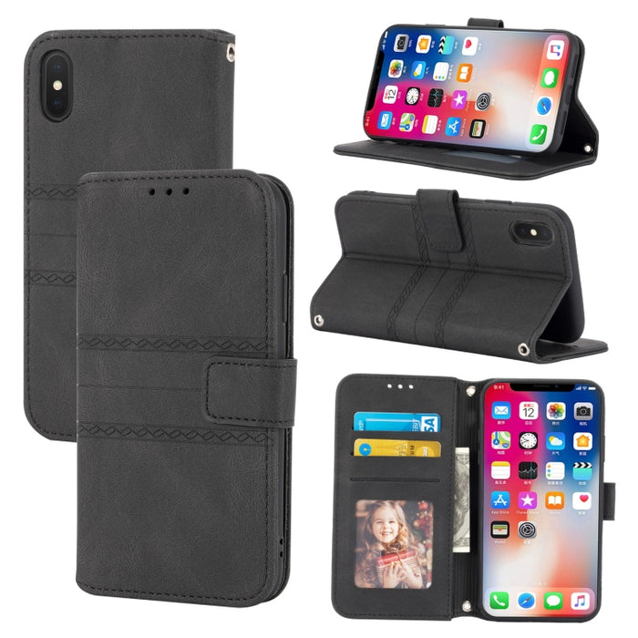 Hebilla magnética a rayas en relieve PU + TPU Funda de cuero con tapa horizontal con soporte y ranura para tarjeta y billetera y marco de fotos y honda