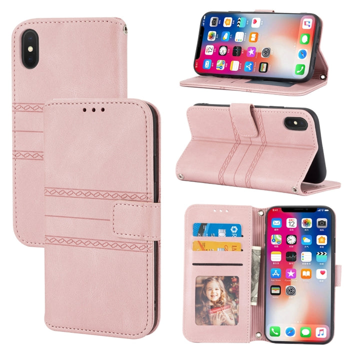 Hebilla magnética a rayas en relieve PU + TPU Funda de cuero con tapa horizontal con soporte y ranura para tarjeta y billetera y marco de fotos y honda